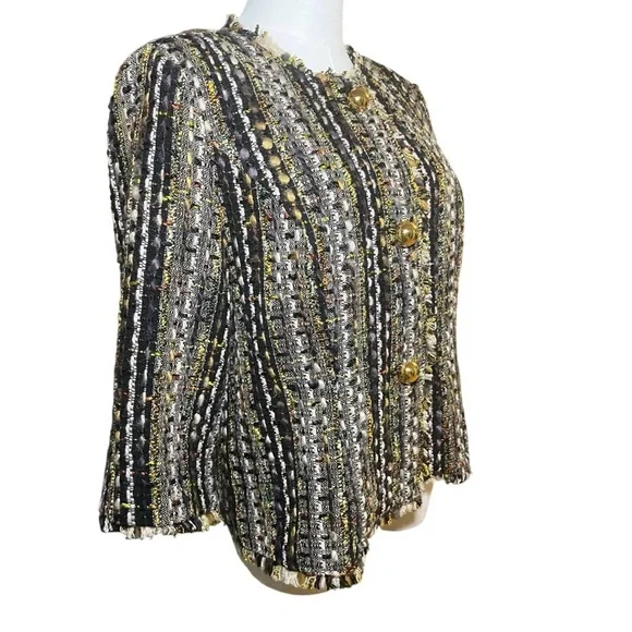 CABi 175 Paris Tweed Cropped Blazer Jacket Size Small Black Gold Button Fringe - Picture 8 of 12